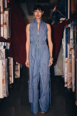 Blue fahrenheit boiler suit with floral appliqué jumpsuit