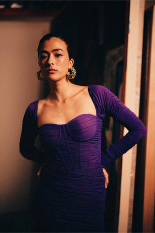 Purple fahrenheit ruched corset dress