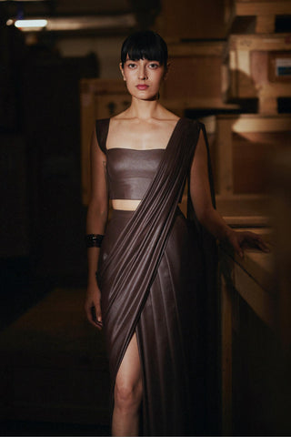 Brown fahrenheit treated chiffon draped saree
