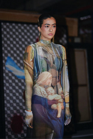 Multicolor fahrenheit euphoria printed mesh dress
