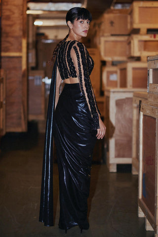 Black fahrenheit knit hand embellished liquid draped saree