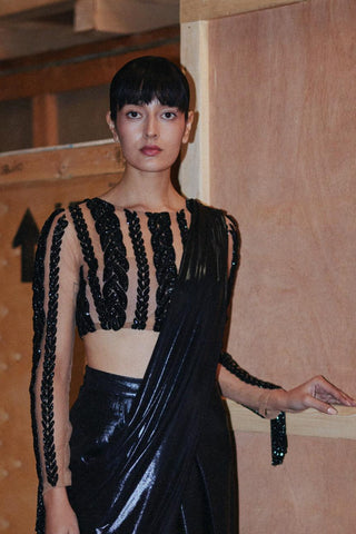 Black fahrenheit knit hand embellished liquid draped saree