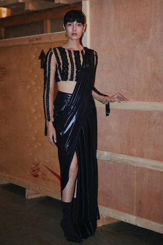 Black fahrenheit knit hand embellished liquid draped saree