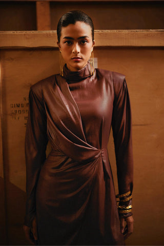 Brown fahrenheit treated chiffon draped dress
