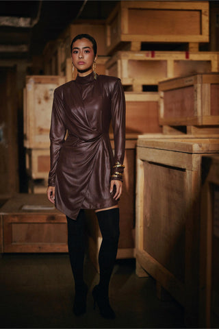 Brown fahrenheit treated chiffon draped dress