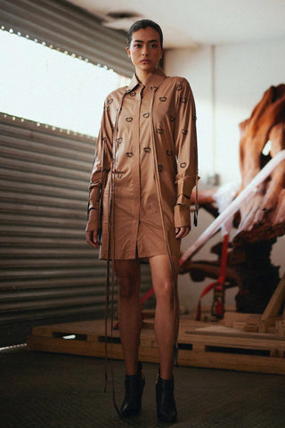 Brown fahrenheit d-ring embellished shirt dress