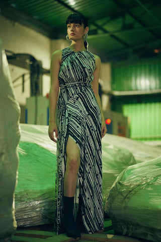 Multicolor fahrenheit braille printed ruched dress