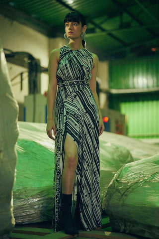 Multicolor fahrenheit braille printed ruched dress
