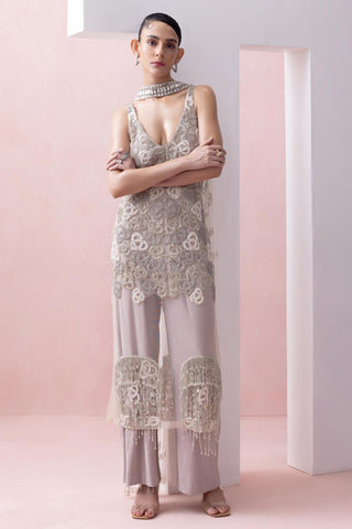 Gray reverie-festive tunic with pants and collar stole