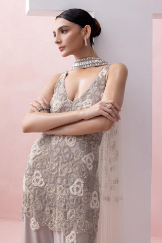 Gray reverie-festive tunic with pants and collar stole