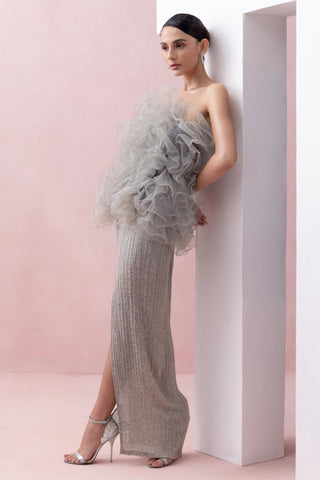 Gray reverie-festive skirt with ruffle poof blouse