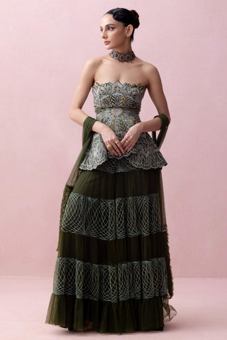 Green reverie-festive peplum with sharara and stole