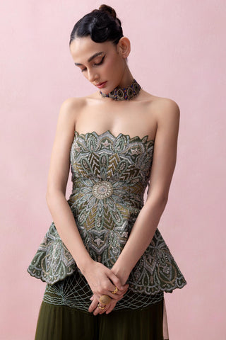 Green reverie-festive peplum with sharara and stole