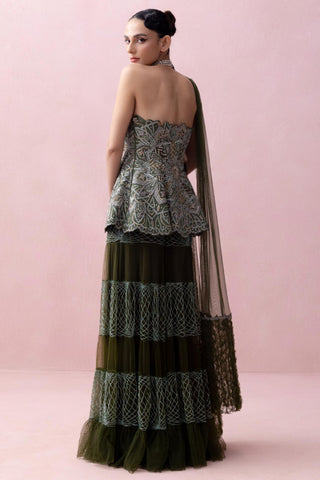 Green reverie-festive peplum with sharara and stole