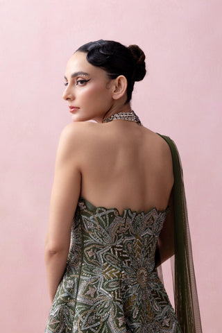 Green reverie-festive peplum with sharara and stole