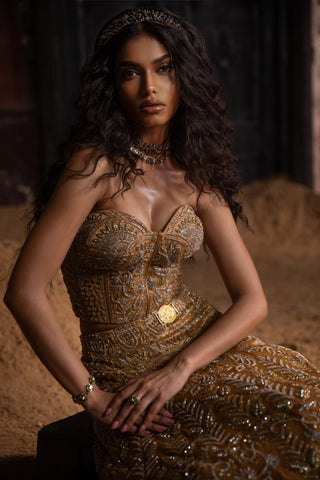 Gold oraan lehenga with corset