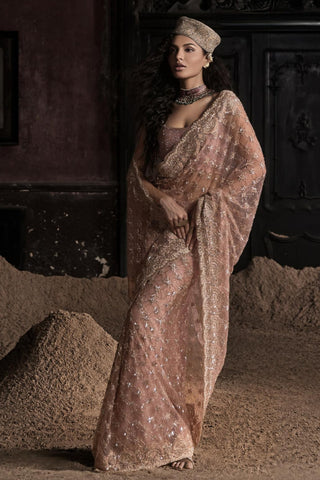 Peach oraan pre-stitched saree set