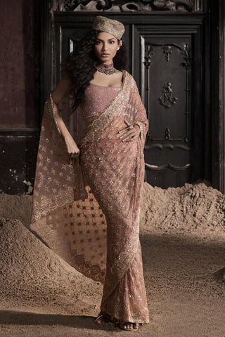 Peach oraan pre-stitched saree set