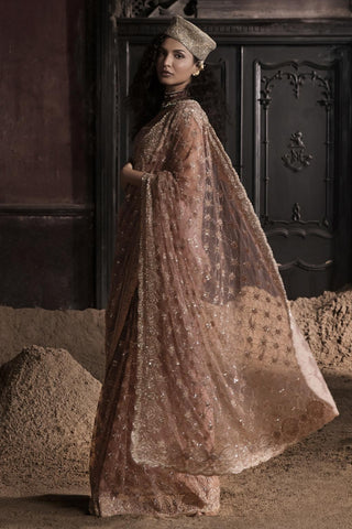 Peach oraan pre-stitched saree set