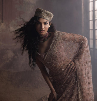 Peach oraan pre-stitched saree set