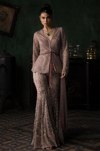 Pink oraan peplum jacket with sharara set