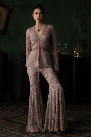 Pink oraan peplum jacket with sharara set