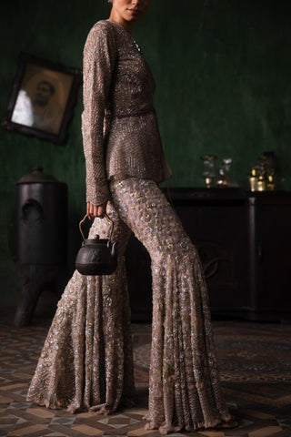 Pink oraan peplum jacket with sharara set