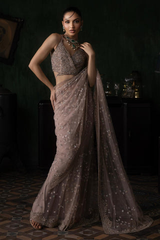 Pink oraan pre-stitched saree set