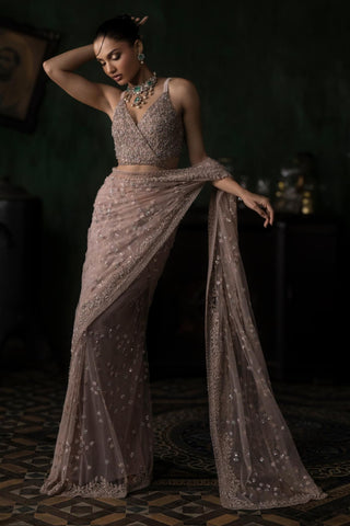 Pink oraan pre-stitched saree set