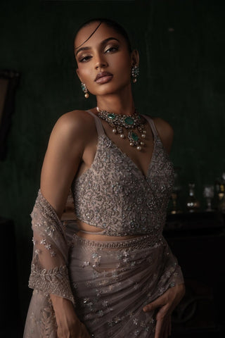 Pink oraan pre-stitched saree set