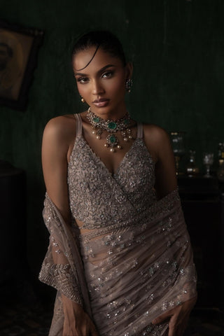 Pink oraan pre-stitched saree set