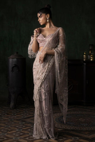 Pink oraan pre-stitched sequined saree set