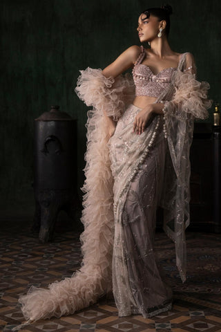 Pink oraan pre-stitched sequined saree set