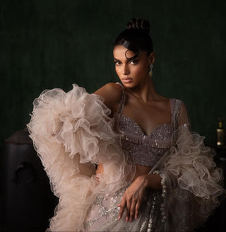 Pink oraan pre-stitched sequined saree set