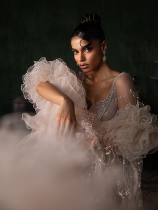 Pink oraan pre-stitched sequined saree set