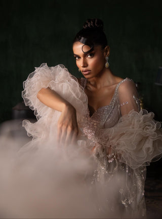 Pink oraan pre-stitched sequined saree set