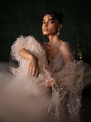 Pink oraan pre-stitched sequined saree set