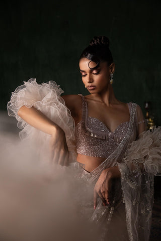 Pink oraan pre-stitched sequined saree set