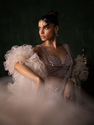 Pink oraan pre-stitched sequined saree set