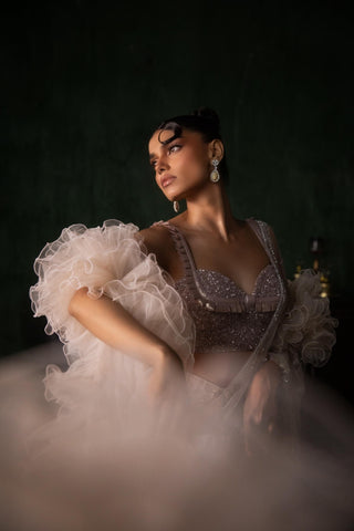 Pink oraan pre-stitched sequined saree set