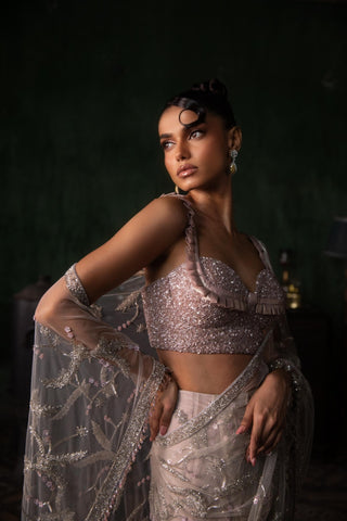 Pink oraan pre-stitched sequined sari set