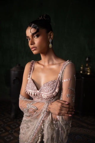 Pink oraan pre-stitched sequined saree set