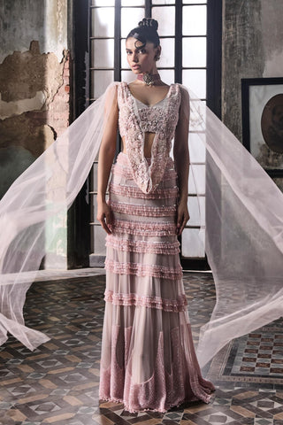 Pink oraan skirt with draped blouse