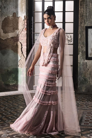 Pink oraan skirt with draped blouse