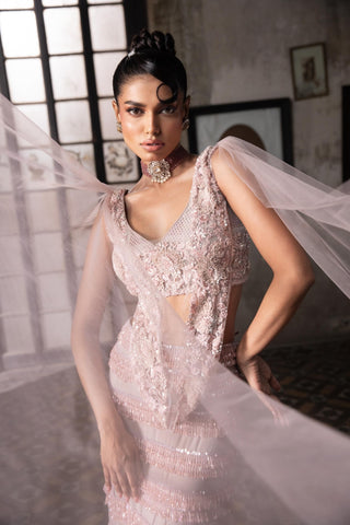 Pink oraan skirt with draped blouse