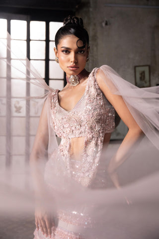 Pink oraan skirt with draped blouse