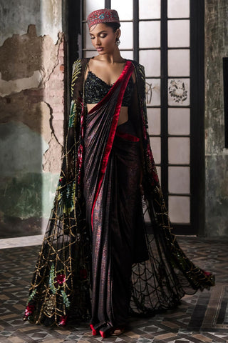 Black oraan foil pre-stitched drape saree