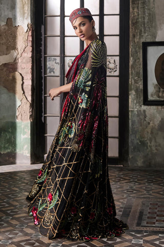 Black oraan foil pre-stitched drape saree