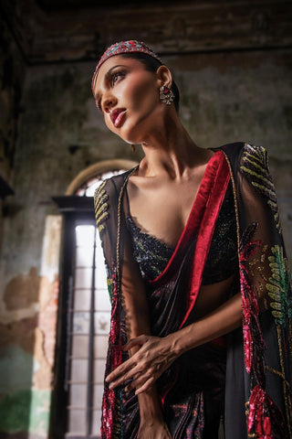 Black oraan foil pre-stitched drape saree