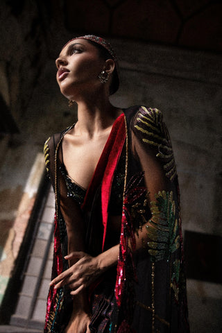 Black oraan foil pre-stitched drape saree